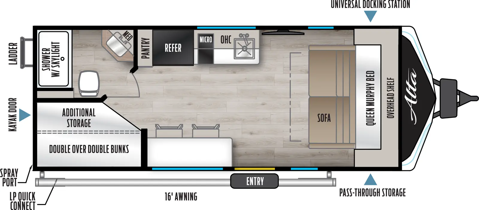 The Alta 1800MBH-LE floorplan has one entry and zero slide outs. Exterior features include: fiberglass exterior and 16' awning. Interiors features include: bunk beds and murphy bed.
